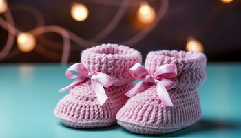 ai generiert Baby Stiefeletten, Niedlich, Rosa Farbe, klein, Stricken, Weichheit, hausgemacht, Neugeborene generiert durch ai foto