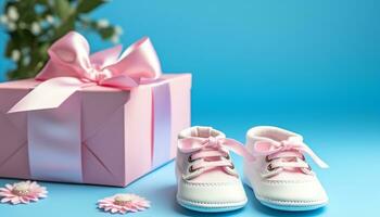 ai generiert Blau Schuh, Geschenk zum Baby, Feier von Neu Leben generiert durch ai foto