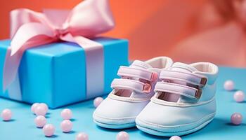 ai generiert Neugeborene Baby Schuh, ein Geschenk von Liebe generiert durch ai foto