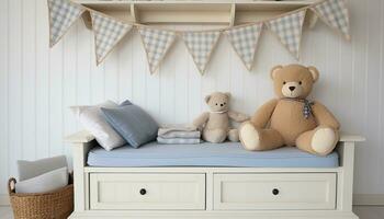 ai generiert komfortabel modern Schlafzimmer mit süß Teddy Bär Dekoration generiert durch ai foto