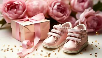 ai generiert Baby Schuh, Rosa Dekoration, Geburtstag Geschenk, klein Feier generiert durch ai foto