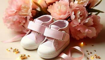 ai generiert süß Baby Booties im Rosa, ein Feier von Liebe generiert durch ai foto