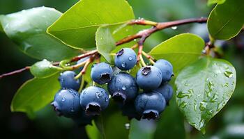 ai generiert Frische von reif Blaubeeren auf ein Grün Blatt generiert durch ai foto