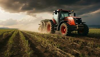 ai generiert Arbeiten draußen, Farmer Ernte Weizen mit landwirtschaftlich Maschinen generiert durch ai foto
