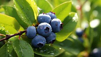 ai generiert frisch Blaubeeren auf ein Grün Blatt im Natur generiert durch ai foto