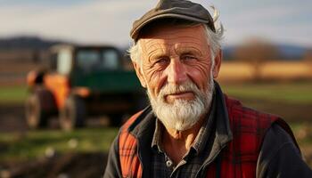 ai generiert Senior Farmer Arbeiten draußen, Ernte auf das Bauernhof generiert durch ai foto