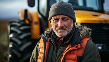 ai generiert lächelnd Farmer Fahren Traktor auf ein Winter Bauernhof generiert durch ai foto