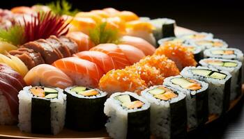 ai generiert frisch Meeresfrüchte auf Platte, ein Gourmet japanisch Mahlzeit generiert durch ai foto
