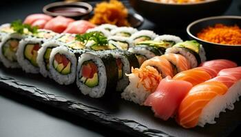 ai generiert Frische und Vielfalt auf ein Teller von Sushi generiert durch ai foto