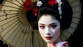 ai generiert schön Geisha Frau suchen beim Kamera mit Eleganz generiert durch ai foto