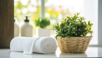 ai generiert Frische und Entspannung im ein sauber, Grün Badezimmer generiert durch ai foto