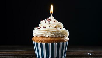 ai generiert Geburtstag Cupcake mit Schokolade Glasur und Kerze Flamme generiert durch ai foto