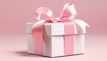 ai generiert eingewickelt Geschenk Box mit glänzend Rosa Dekoration generiert durch ai foto