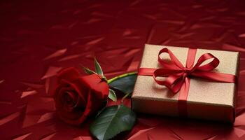 ai generiert romantisch Geschenk Box eingewickelt im glänzend rot Papier generiert durch ai foto
