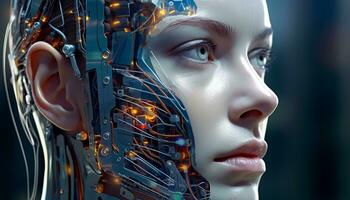 ai generiert futuristisch Frau, Cyborg Ingenieur, suchen beim virtuell Wirklichkeit generiert durch ai foto