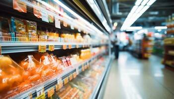 ai generiert hell, gesund Essen Entscheidungen im ein Supermarkt Gang generiert durch ai foto