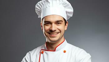 ai generiert lächelnd Koch im Uniform, fachmännisch Kochen Gourmet Essen generiert durch ai foto
