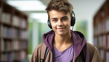ai generiert lächelnd Schüler im Bibliothek, Hören zu Kopfhörer generiert durch ai foto