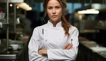 ai generiert zuversichtlich jung Frau Koch im kommerziell Küche generiert durch ai foto