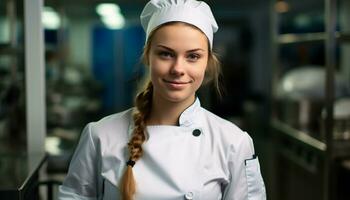 ai generiert lächelnd Koch im Uniform Kochen mit Vertrauen generiert durch ai foto