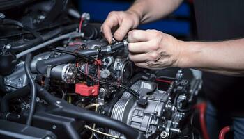 ai generiert Auto Mechaniker reparieren Auto Motor im Werkstatt generiert durch ai foto