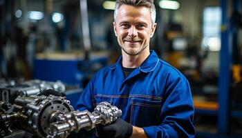 ai generiert lächelnd Mechaniker reparieren Maschinen im Metall Industrie generiert durch ai foto