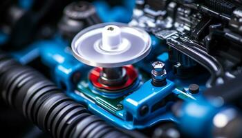 ai generiert Blau metallisch Auto Motor reparieren mit Technologie Ausrüstung generiert durch ai foto