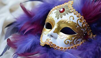 ai generiert gefiedert Maske, Gold Eleganz, Karneval gras Feier generiert durch ai foto