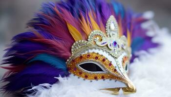 ai generiert gefiedert Maske fügt hinzu Eleganz zu beschwingt Karneval gras generiert durch ai foto