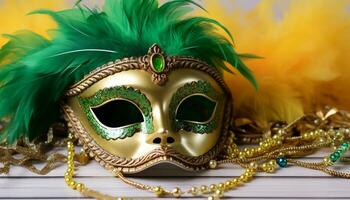 ai generiert gefiedert Maske bringt Eleganz zu Karneval gras Feier generiert durch ai foto