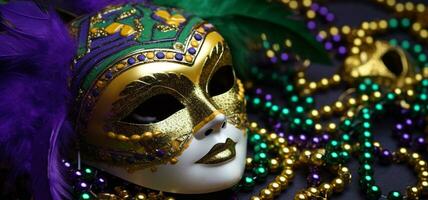 ai generiert Karneval gras Maske, Eleganz, Tradition, Schönheit, Gold farbig generiert durch ai foto