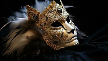 ai generiert elegant Maske versteckt sich Geheimnis im Gold und Gefieder generiert durch ai foto