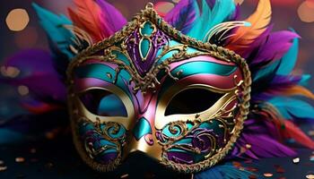 ai generiert gefiedert Maske bringt Eleganz zu Karneval gras Parade generiert durch ai foto