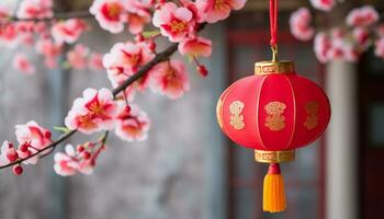 ai generiert Chinesisch Laternen hängend, feiern traditionell Festival, leuchten Frühling generiert durch ai foto