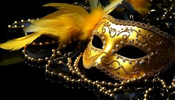 ai generiert golden gefiedert Maske fügt hinzu Eleganz zu Karneval gras generiert durch ai foto