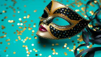 ai generiert glänzend Gold Maske fügt hinzu Eleganz zu das Feier generiert durch ai foto