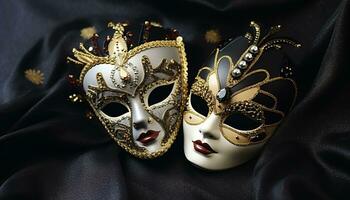 ai generiert mysteriös Eleganz im Gold, ein Maske von Verkleidung generiert durch ai foto