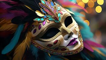 ai generiert mysteriös Eleganz im ein bunt Maskerade Karneval Kostüm generiert durch ai foto