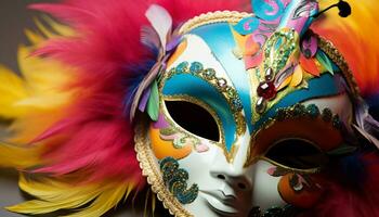 ai generiert gefiedert Maske versteckt sich Eleganz beim Karneval gras Party generiert durch ai foto