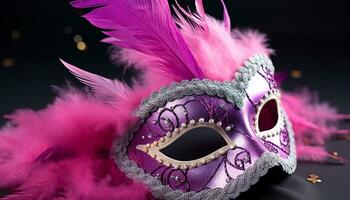 ai generiert lila Feder Maske fügt hinzu Eleganz zu das Party generiert durch ai foto
