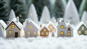 ai generiert Schneeflocken fallen, Winter Nacht, Lebkuchen Haus Dekoration generiert durch ai foto