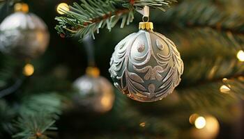 ai generiert Weihnachten Baum Dekoration hängend auf ein Ast generiert durch ai foto