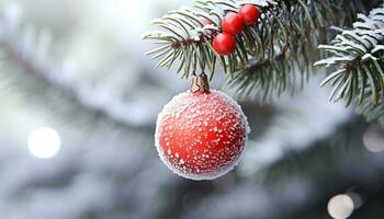 ai generiert Winter Feier, Schnee bedeckt Baum geschmückt mit Ornamente generiert durch ai foto