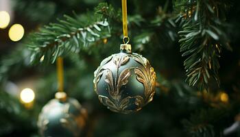 ai generiert glänzend Gold Ornament hängend auf beleuchtet Weihnachten Baum generiert durch ai foto