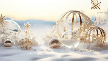 ai generiert Winter Feier, Schneeflocke Ornament scheint auf schneebedeckt Landschaft generiert durch ai foto