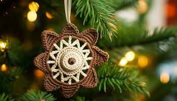 ai generiert Weihnachten Baum dekoriert mit hausgemacht Ornamente und Beleuchtung generiert durch ai foto