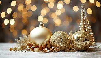 ai generiert glänzend Gold Weihnachten Ornament glühend auf Holz Tabelle generiert durch ai foto