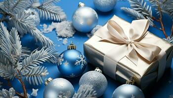 ai generiert Blau Schneeflocke auf glänzend Gold Ornament, Winter Feier generiert durch ai foto