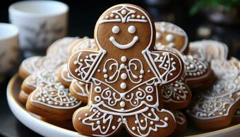 ai generiert hausgemacht Lebkuchen Mann Dekoration bringt Winter jubeln generiert durch ai foto