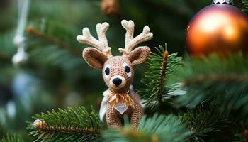 ai generiert süß Hirsch Spielzeug hängt auf Weihnachten Baum generiert durch ai foto